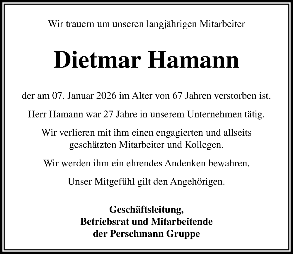  Traueranzeige für Dietmar Hamann vom 07.02.2026 aus Aller Zeitung