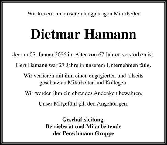 Traueranzeige von Dietmar Hamann von Aller Zeitung
