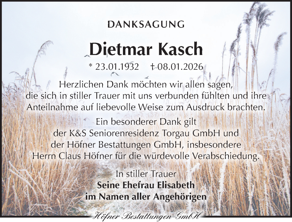  Traueranzeige für Dietmar Kasch vom 07.02.2026 aus Torgauer Zeitung