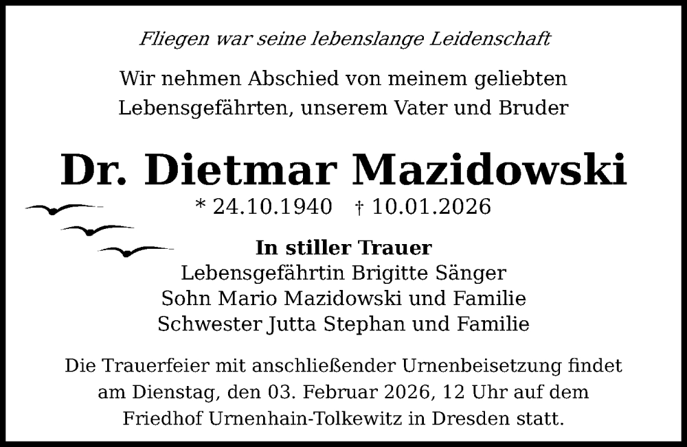  Traueranzeige für Dietmar Mazidowski vom 24.01.2026 aus Sächsische Zeitung