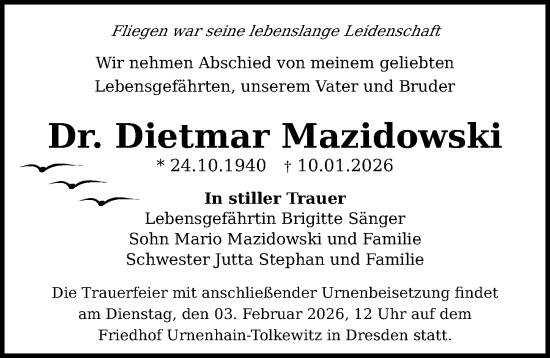 Traueranzeige von Dietmar Mazidowski von Sächsische Zeitung