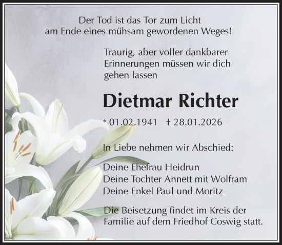 Traueranzeige von Dietmar Richter von Sächsische Zeitung