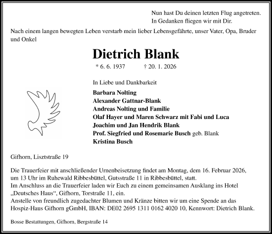 Traueranzeige von Dietrich Blank von Aller Zeitung