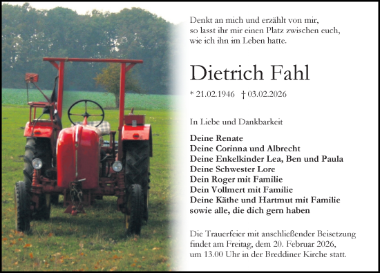Traueranzeige von Dietrich Fahl von Wochenspiegel