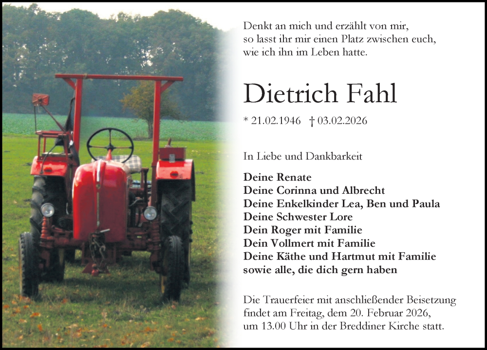  Traueranzeige für Dietrich Fahl vom 14.02.2026 aus Wochenspiegel