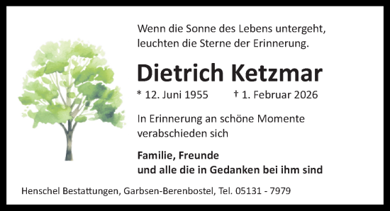 Traueranzeige von Dietrich Ketzmar von Hannoversche Allgemeine Zeitung/Neue Presse