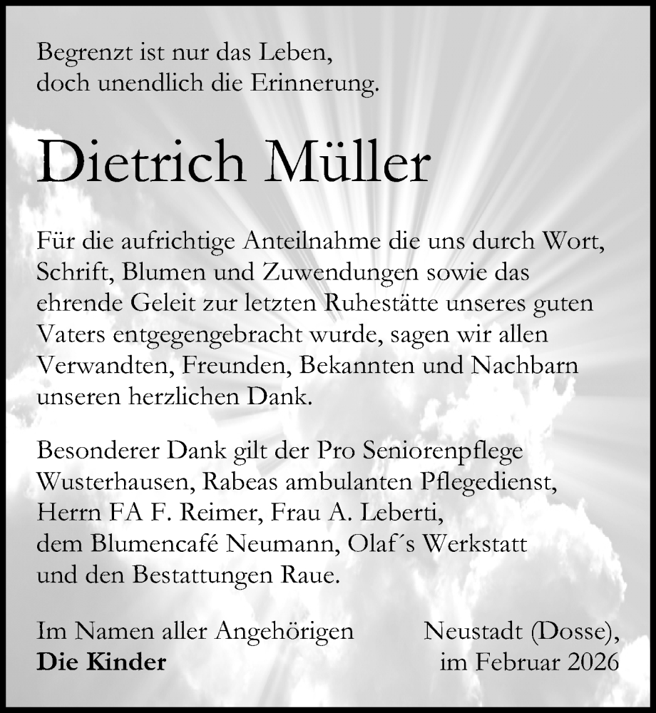  Traueranzeige für Dietrich Müller vom 21.02.2026 aus Wochenspiegel