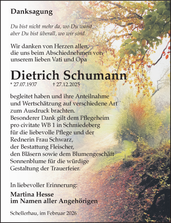 Traueranzeige von Dietrich Schumann von Sächsische Zeitung