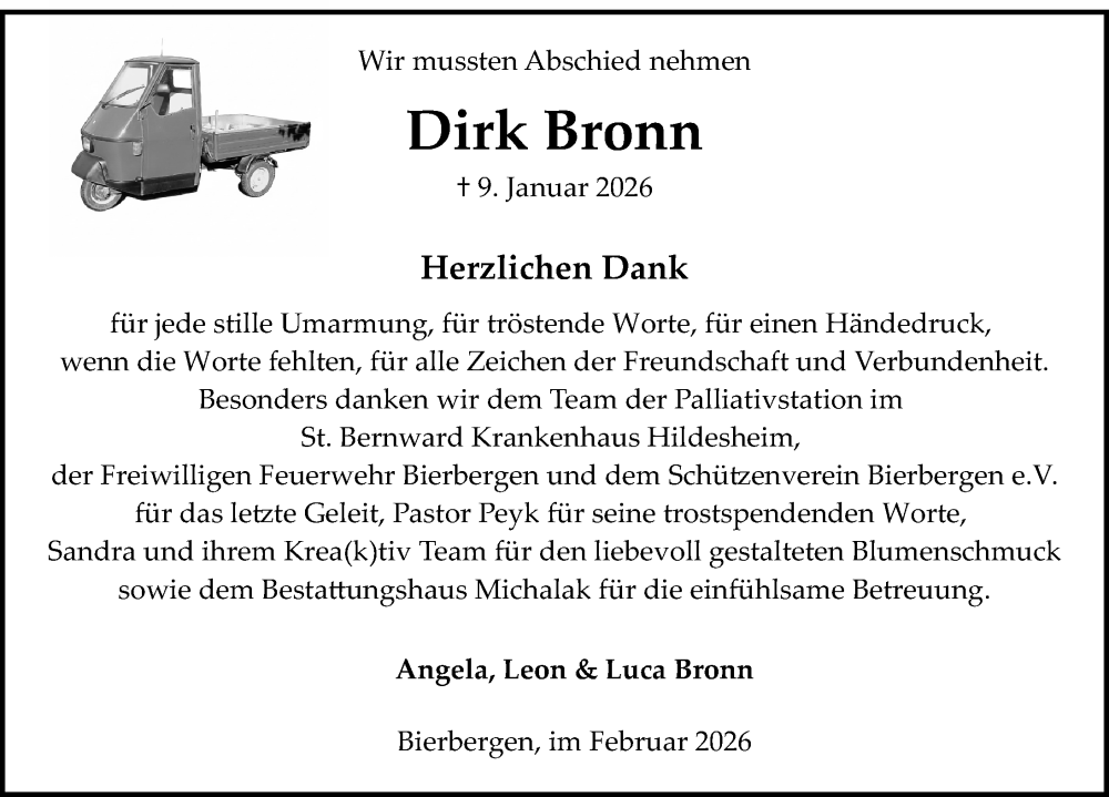  Traueranzeige für Dirk Bronn vom 07.02.2026 aus Peiner Allgemeine Zeitung