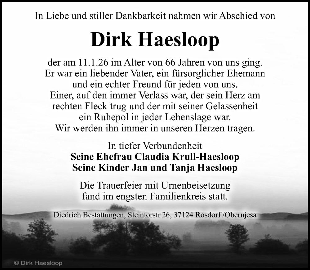  Traueranzeige für Dirk Haesloop vom 07.02.2026 aus Göttinger Tageblatt