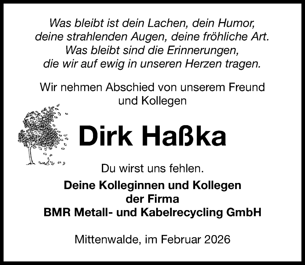  Traueranzeige für Dirk Haßka vom 14.02.2026 aus Märkischen Allgemeine Zeitung