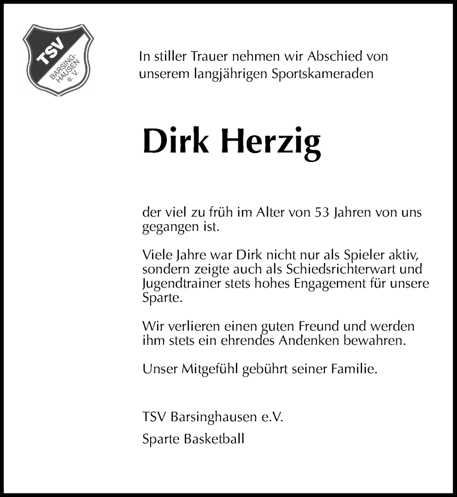  Traueranzeige für Dirk Herzig vom 14.02.2026 aus Hannoversche Allgemeine Zeitung/Neue Presse