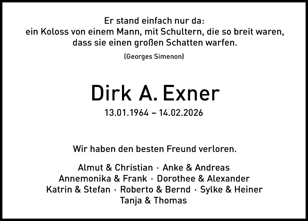  Traueranzeige für Dirk A. Exner vom 21.02.2026 aus Hannoversche Allgemeine Zeitung/Neue Presse