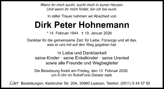 Traueranzeige von Dirk Peter Hohnemann von Hannoversche Allgemeine Zeitung/Neue Presse