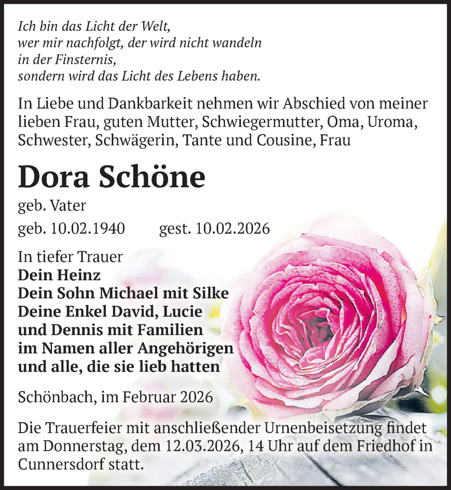  Traueranzeige für Dora Schöne vom 20.02.2026 aus Sächsische Zeitung