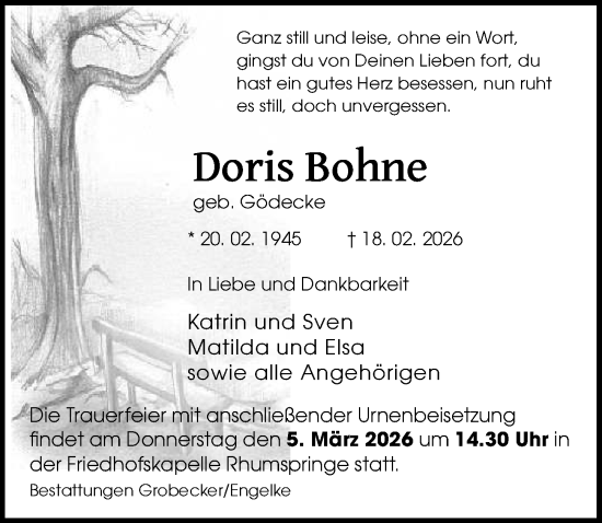 Traueranzeige von Doris Bohne von Eichsfelder Tageblatt