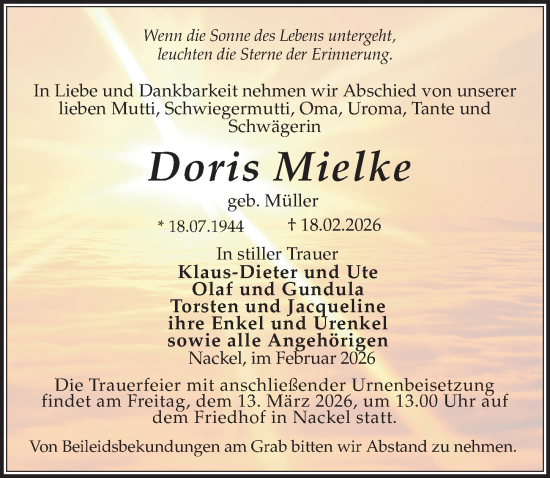Traueranzeige von Doris Mielke von Wochenspiegel