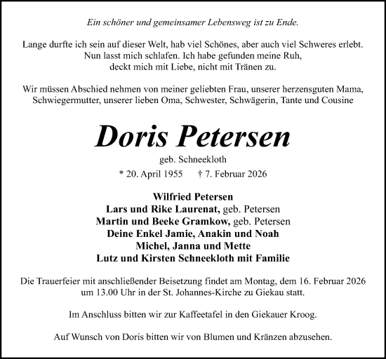 Traueranzeige von Doris Petersen von Kieler Nachrichten