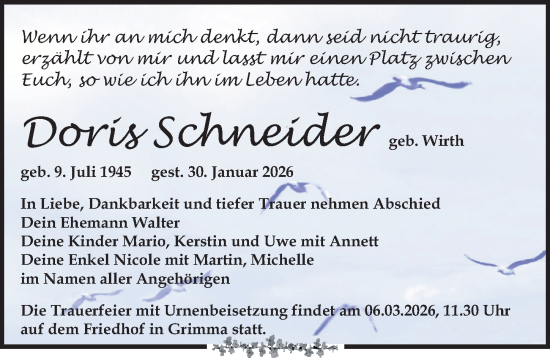 Traueranzeige von Doris Schneider von Leipziger Volkszeitung