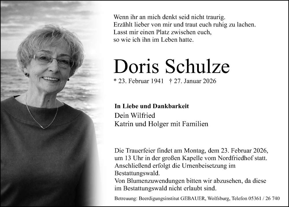 Traueranzeige für Doris Schulze vom 14.02.2026 aus Aller Zeitung