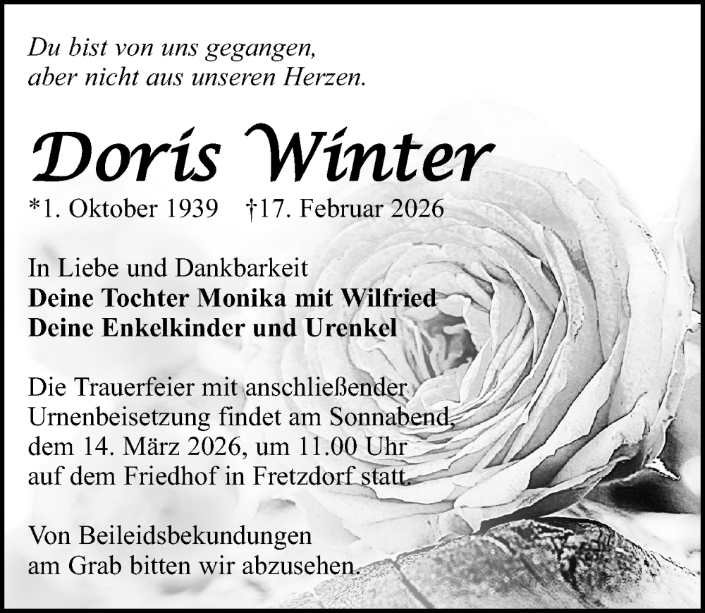  Traueranzeige für Doris Winter vom 28.02.2026 aus Wochenspiegel