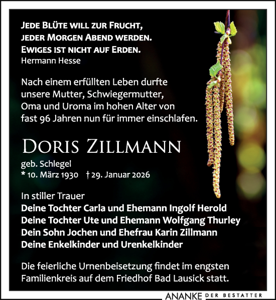 Traueranzeige von Doris Zillmann von Leipziger Volkszeitung