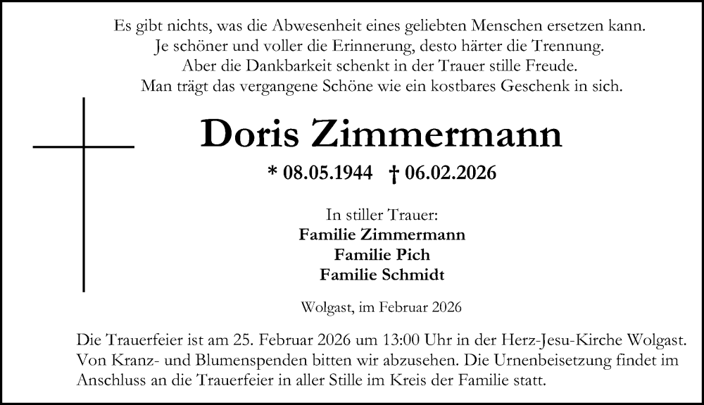 Traueranzeige für Doris Zimmermann vom 14.02.2026 aus Ostsee-Zeitung GmbH