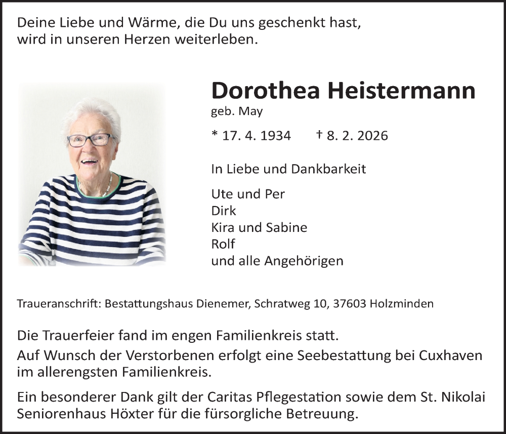  Traueranzeige für Dorothea Heistermann vom 21.02.2026 aus Täglicher Anzeiger Holzminden