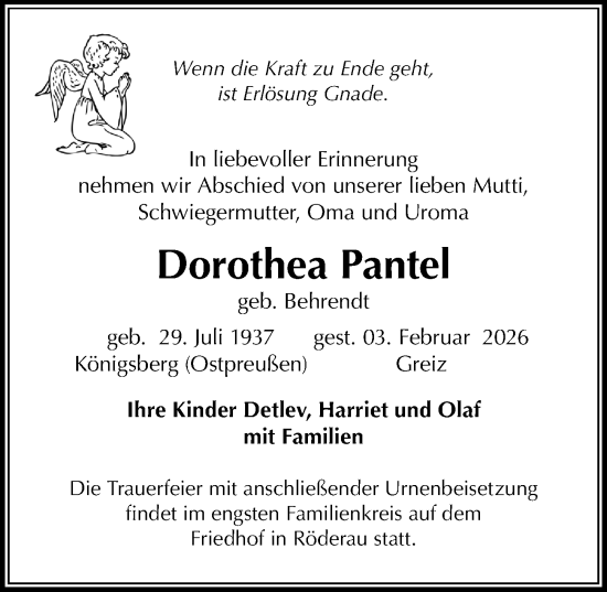 Traueranzeige von Dorothea Pantel von Sächsische Zeitung