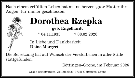 Traueranzeige von Dorothea Rzepka von Göttinger Tageblatt