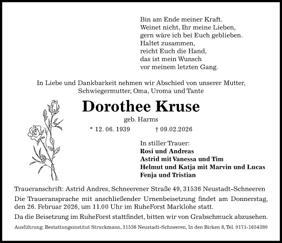 Traueranzeige von Dorothee Kruse von Die Harke