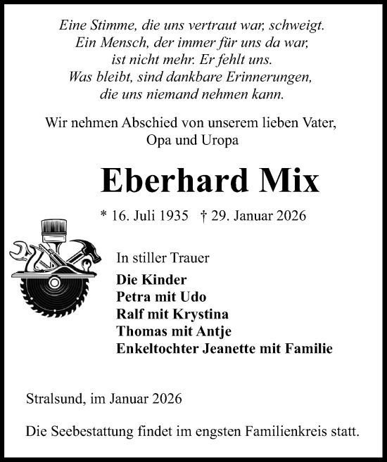 Traueranzeige von Eberhard Mix von Ostsee-Zeitung GmbH