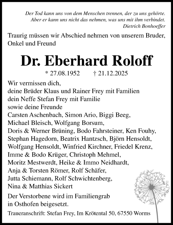 Traueranzeige von Eberhard Roloff von Hannoversche Allgemeine Zeitung/Neue Presse