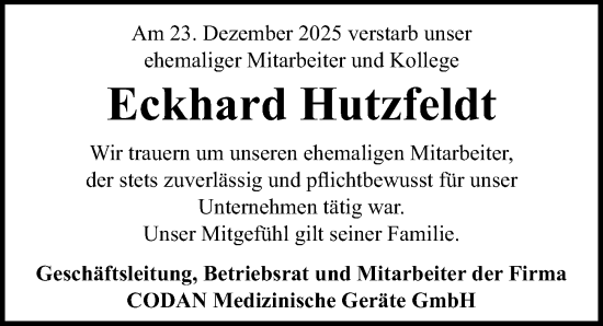 Traueranzeige von Eckhard Hutzfeldt von Lübecker Nachrichten
