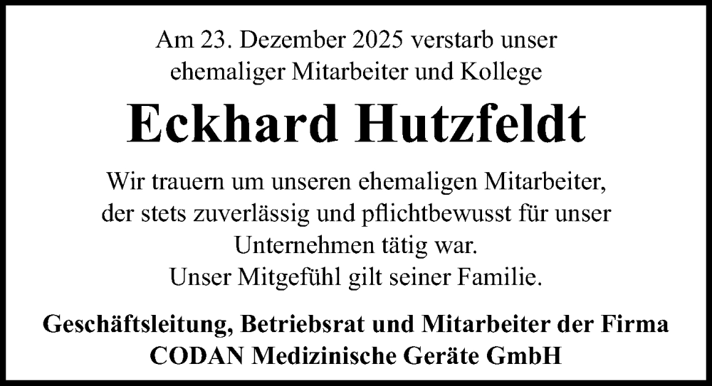  Traueranzeige für Eckhard Hutzfeldt vom 04.02.2026 aus Lübecker Nachrichten