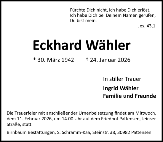 Traueranzeige von Eckhard Wähler von Hannoversche Allgemeine Zeitung/Neue Presse