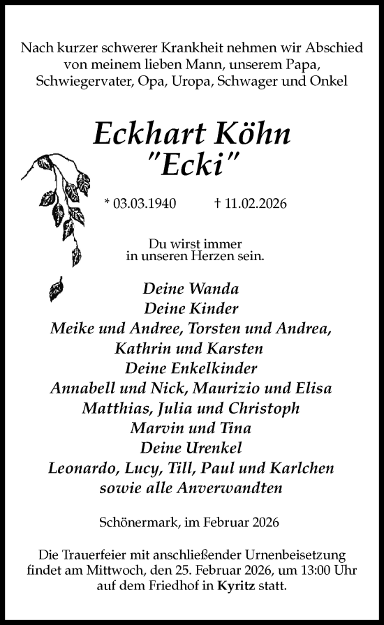 Traueranzeige von Eckhart Köhn von Wochenspiegel