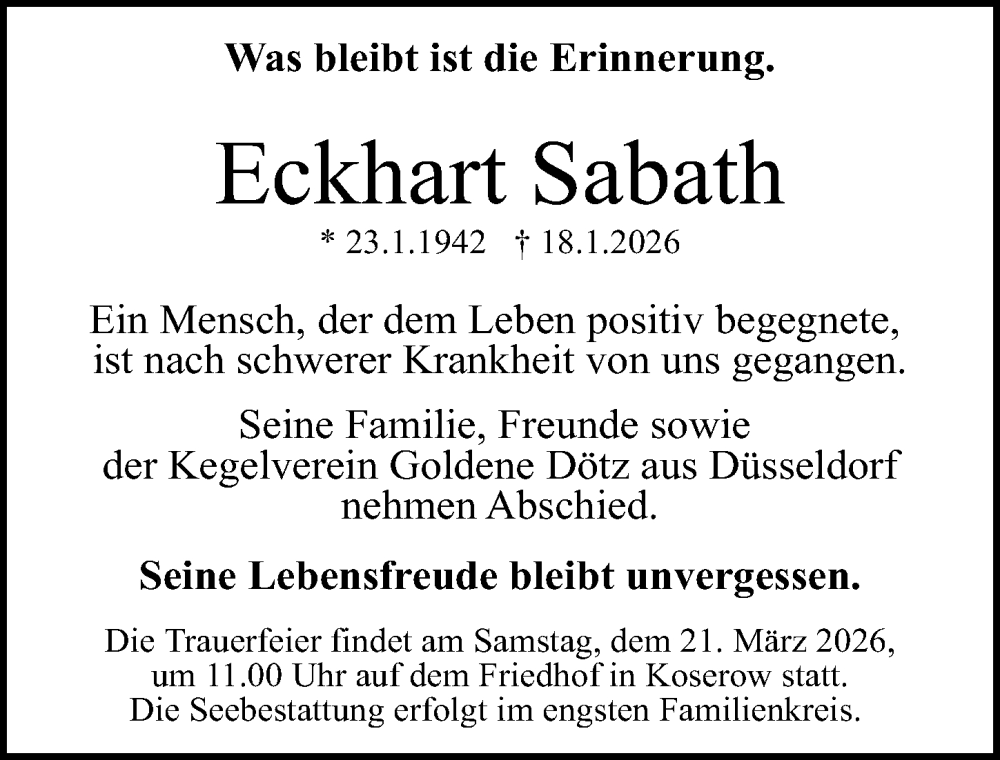  Traueranzeige für Eckhart Sabath vom 14.02.2026 aus Ostsee-Zeitung GmbH