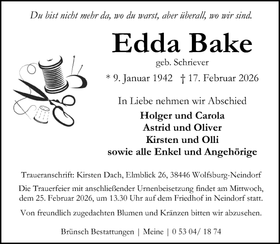 Traueranzeige von Edda Bake von Aller Zeitung