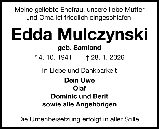 Traueranzeige von Edda Mulczynski von Kieler Nachrichten