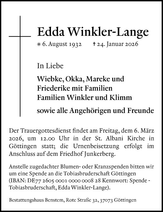 Traueranzeige von Edda Winkler-Lange von Göttinger Tageblatt