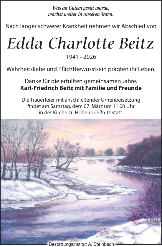 Traueranzeige von Edda Charlotte Beitz von Leipziger Volkszeitung