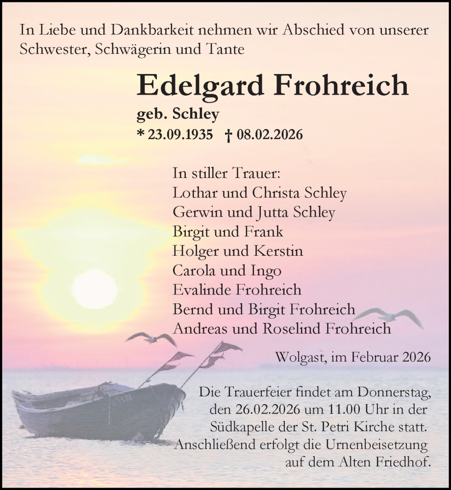  Traueranzeige für Edelgard Frohreich vom 21.02.2026 aus Ostsee-Zeitung GmbH