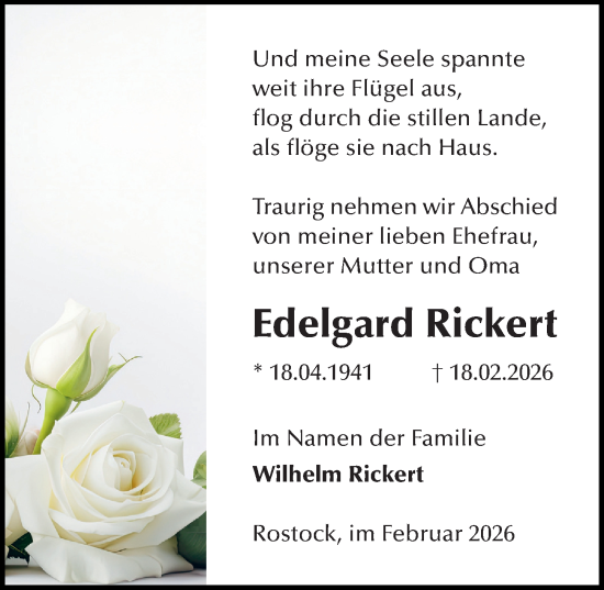Traueranzeige von Edelgard Rickert von Ostsee-Zeitung GmbH
