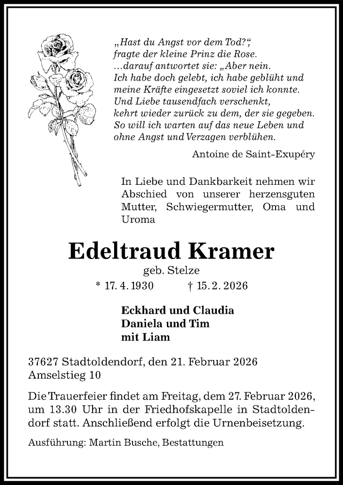  Traueranzeige für Edeltraud Kramer vom 21.02.2026 aus Täglicher Anzeiger Holzminden