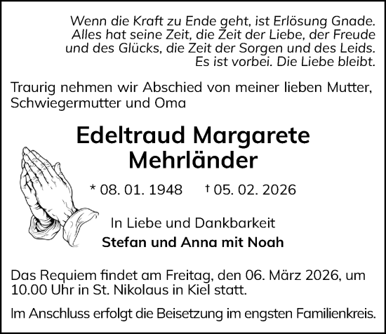 Traueranzeige von Edeltraud Margarete Mehrländer von Kieler Nachrichten