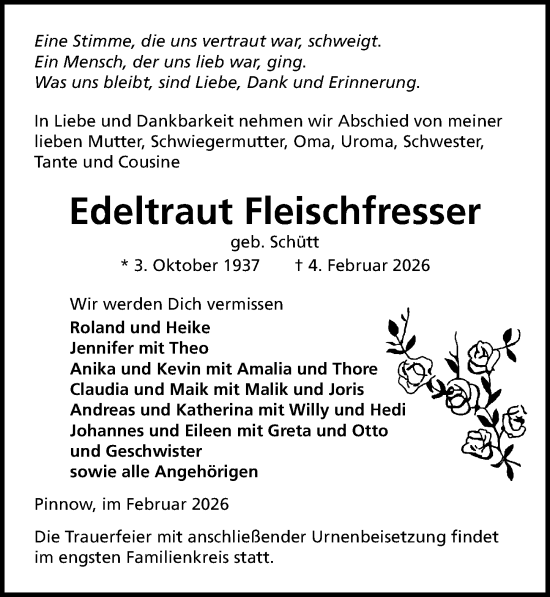 Traueranzeige von Edeltraut Fleischfresser von Wochenspiegel