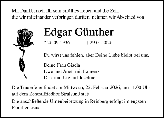 Traueranzeige von Edgar Günther von Ostsee-Zeitung GmbH