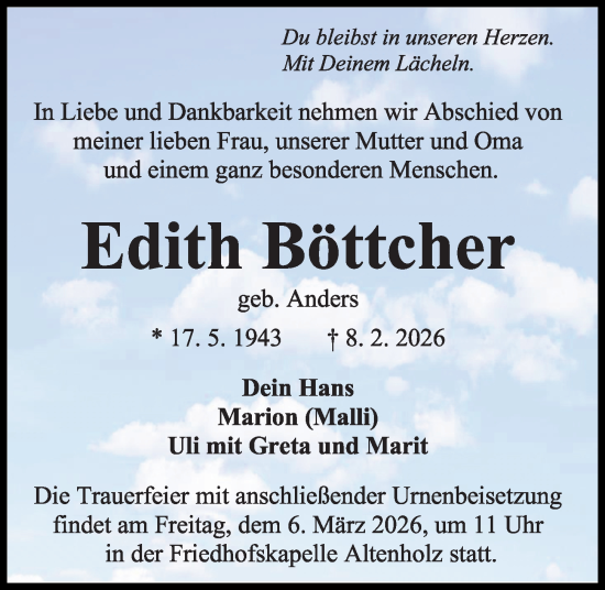 Traueranzeige von Edith Böttcher von Kieler Nachrichten