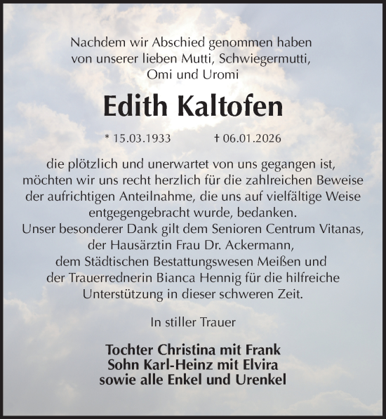 Traueranzeige von Edith Kaltofen von Sächsische Zeitung